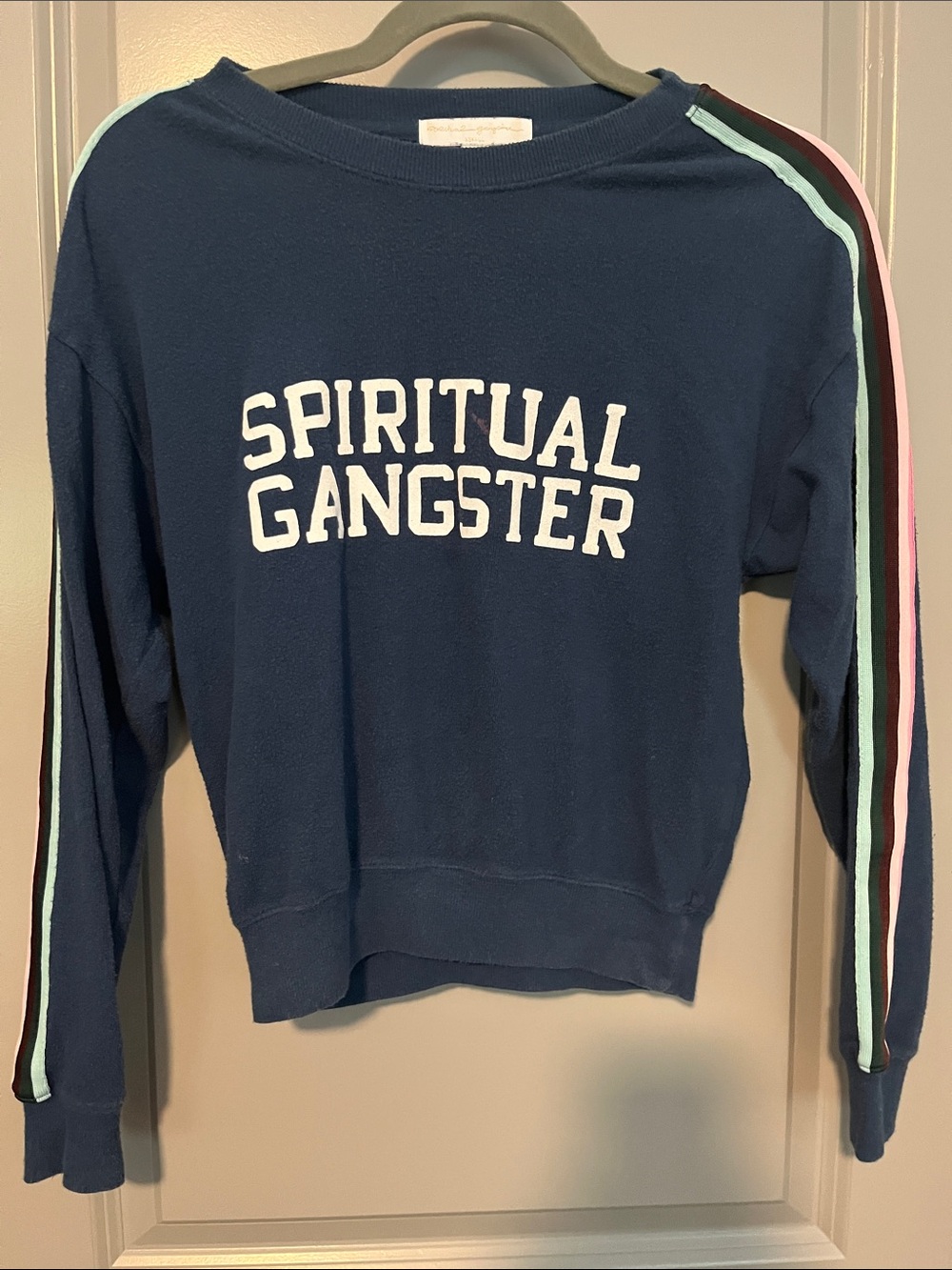 Spiritual Gangster Navy Crewneck with Mint and Pink Sleeve Stripes - Picture 1 of 3